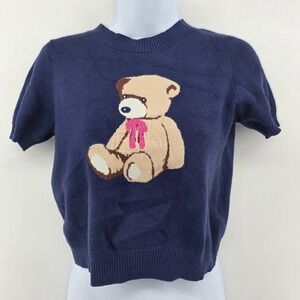 Willow & Wind Navy Teddy Bear Short Sleeve‎ Knit Sweater Top Women's Size Medium